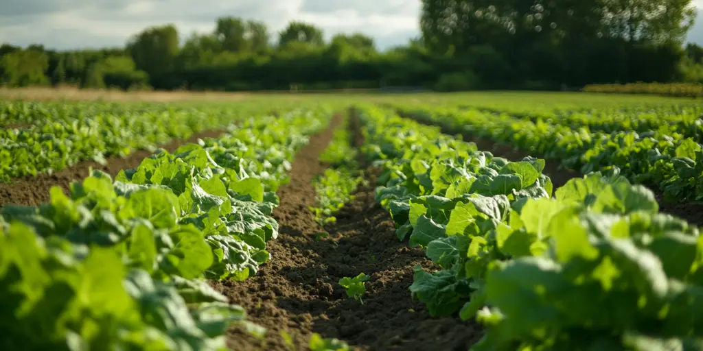 Grüne Gemüsepflanzen in ordentlichen Reihen auf einem Acker unter leicht bewölktem Himmel