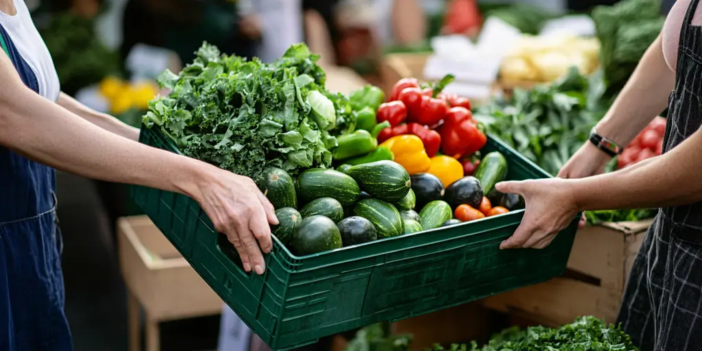 Zwei Personen halten eine grüne Kiste mit frischem Gemüse wie Grünkohl, Paprika und Zucchini