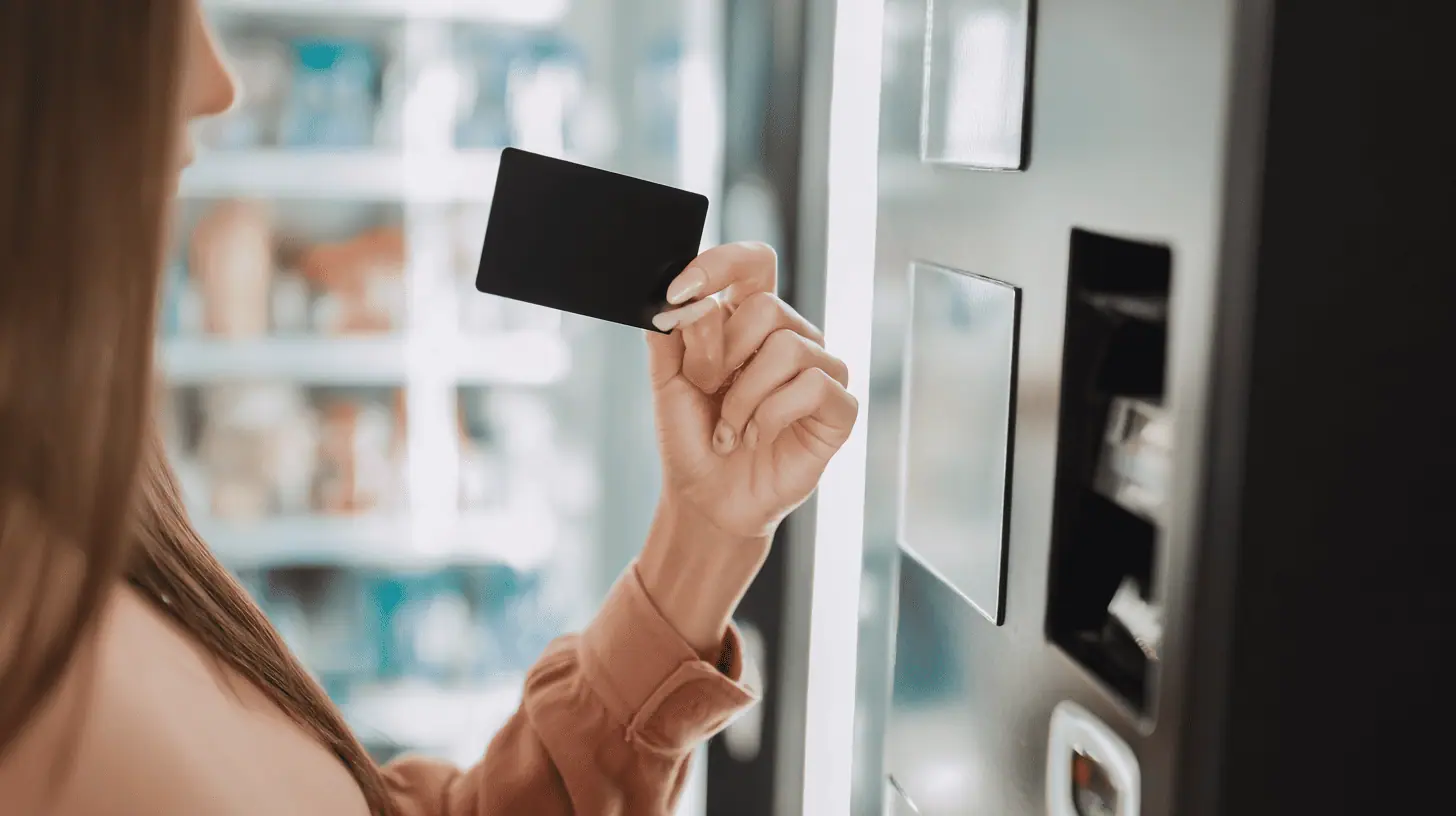 Eine Frau hält eine schwarze Karte vor das digitale Display eines Verkaufsautomaten zur kontaktlosen Zahlung