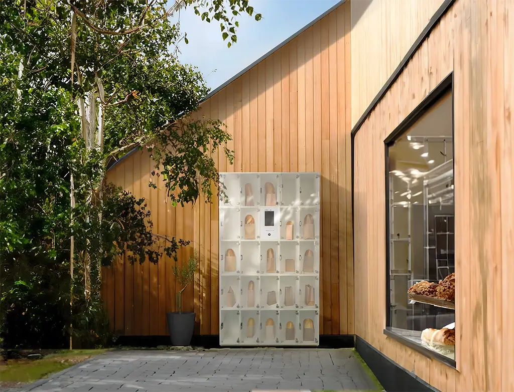 Weißer marktbox Verkaufsautomat mit Glasfächern für Backwaren vor einer modernen Holzfassade im Außenbereich