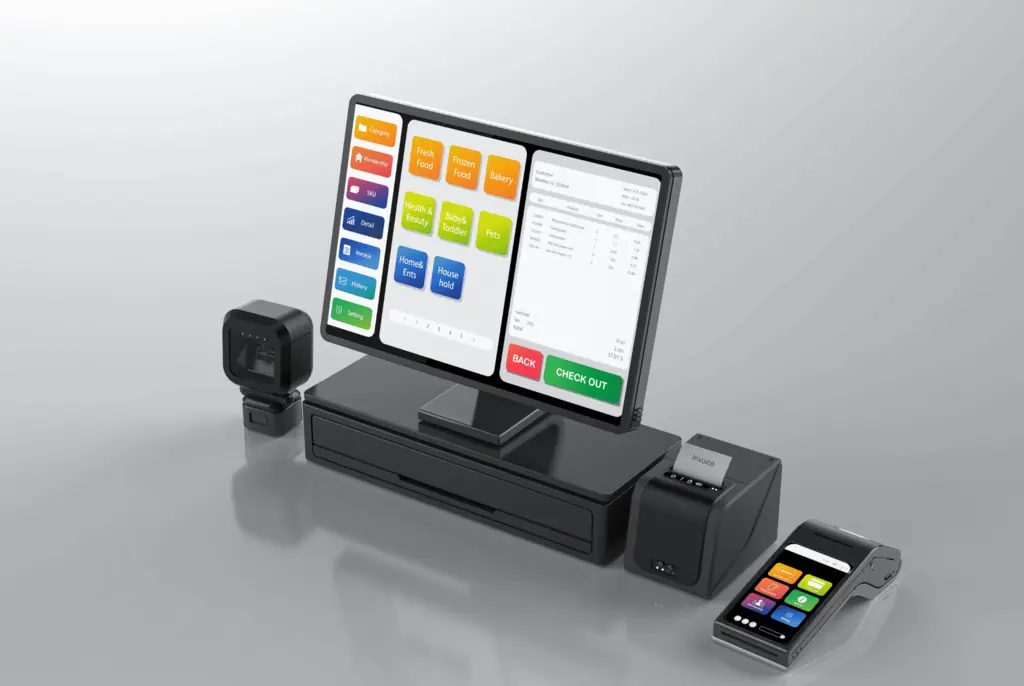 Digitales Kassensystem mit Touchscreen, Barcode-Scanner, Bondrucker und mobilem Kartenzahlungsterminal