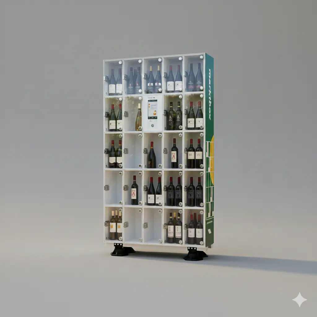 Weiße marktbox mit gläsernen Fächern voller Weinflaschen und einem mittigen Touchscreen-Display