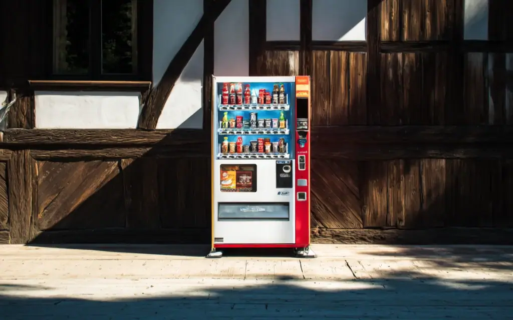 Rot-weißer Getränkeautomat vor einer rustikalen dunklen Holzfassade im Sonnenlicht