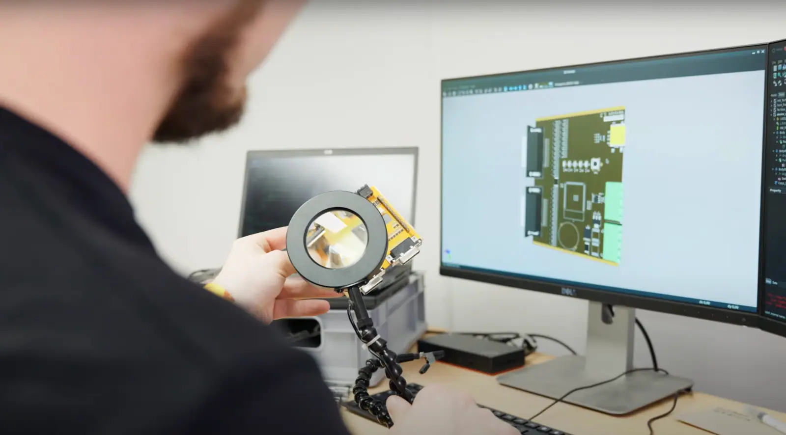 Mitarbeiter untersucht Leiterplatte unter einer Ringlicht-Lupe vor einem Monitor mit digitalem Schaltungsdesign